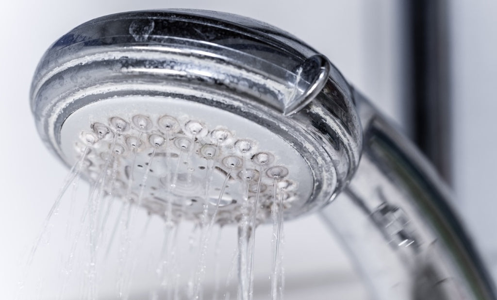 Ein verkalkter Duschkopf, der auf eine geringe Wasserqualität oder mangelnde Wartung hinweist.