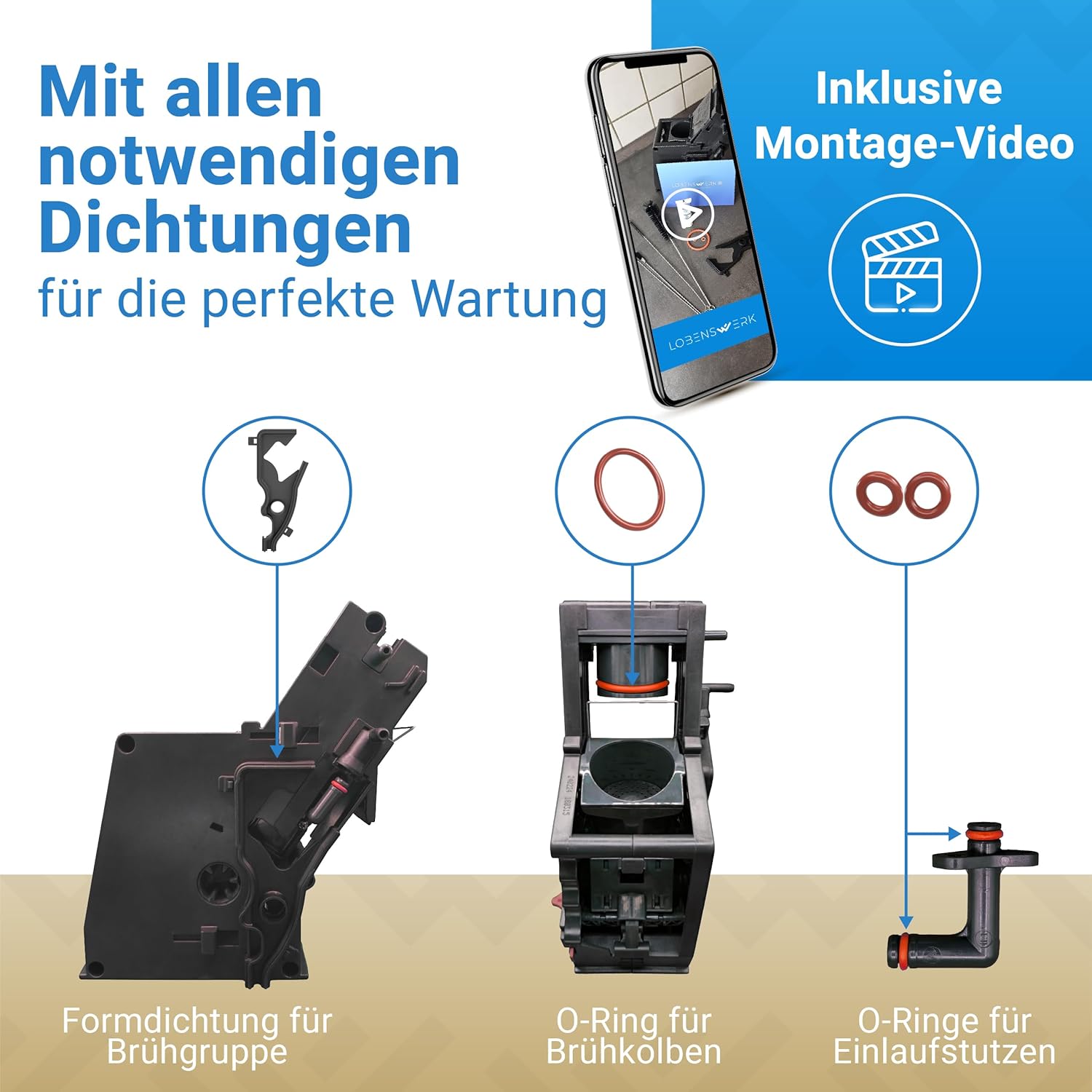 Alle benötigten Dichtungen für Siemens EQ Brühgruppen mit Einbauorten für Formdichtung, Brühkolben-O-Ring und Einlaufstutzen, inkl. Montage-Video
