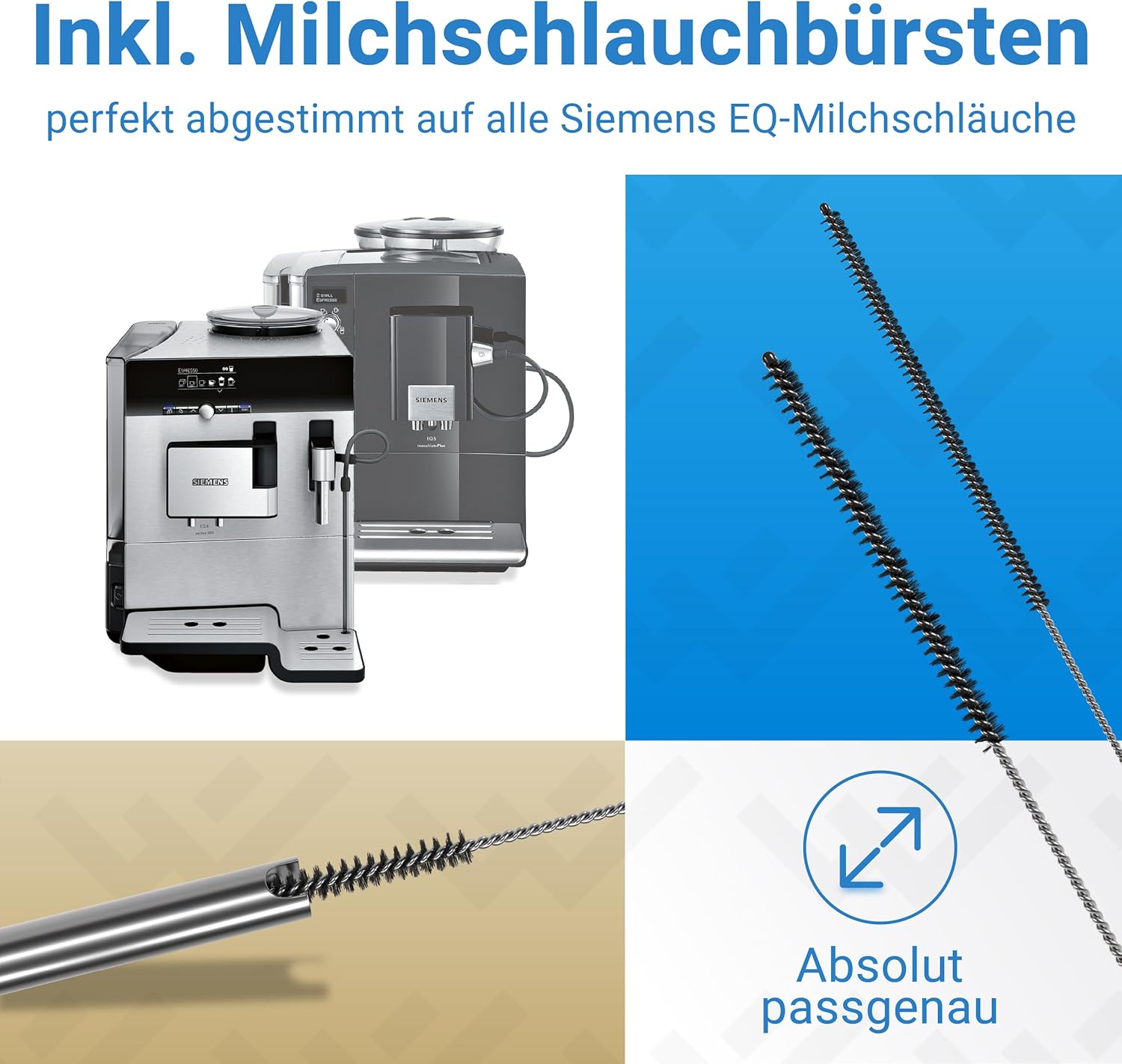 Zwei Milchschaumbürsten für Siemens EQ-Milchsysteme mit Edelstahlgriff – perfekt auf Milchkännchenschläuche abgestimmt