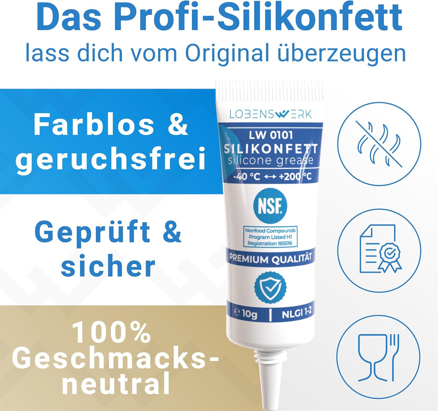 LOBENSWERK Silikonfett LW 0101 in 10 g Tube, farblos, geruchsfrei, geschmacksneutral und NSF-zertifiziert – ideal für hygienische Anwendungen bei -40 °C bis +200 °C